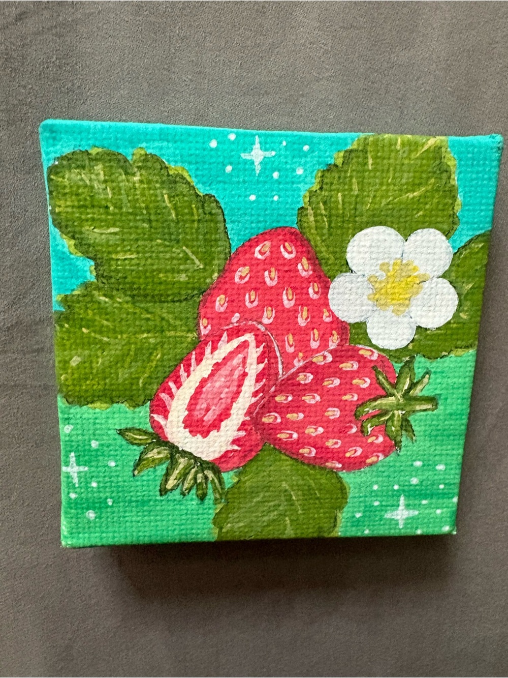 Hand-Painted Strawberry Canvas Wall Art - Green and Red - Picture 2 of 4